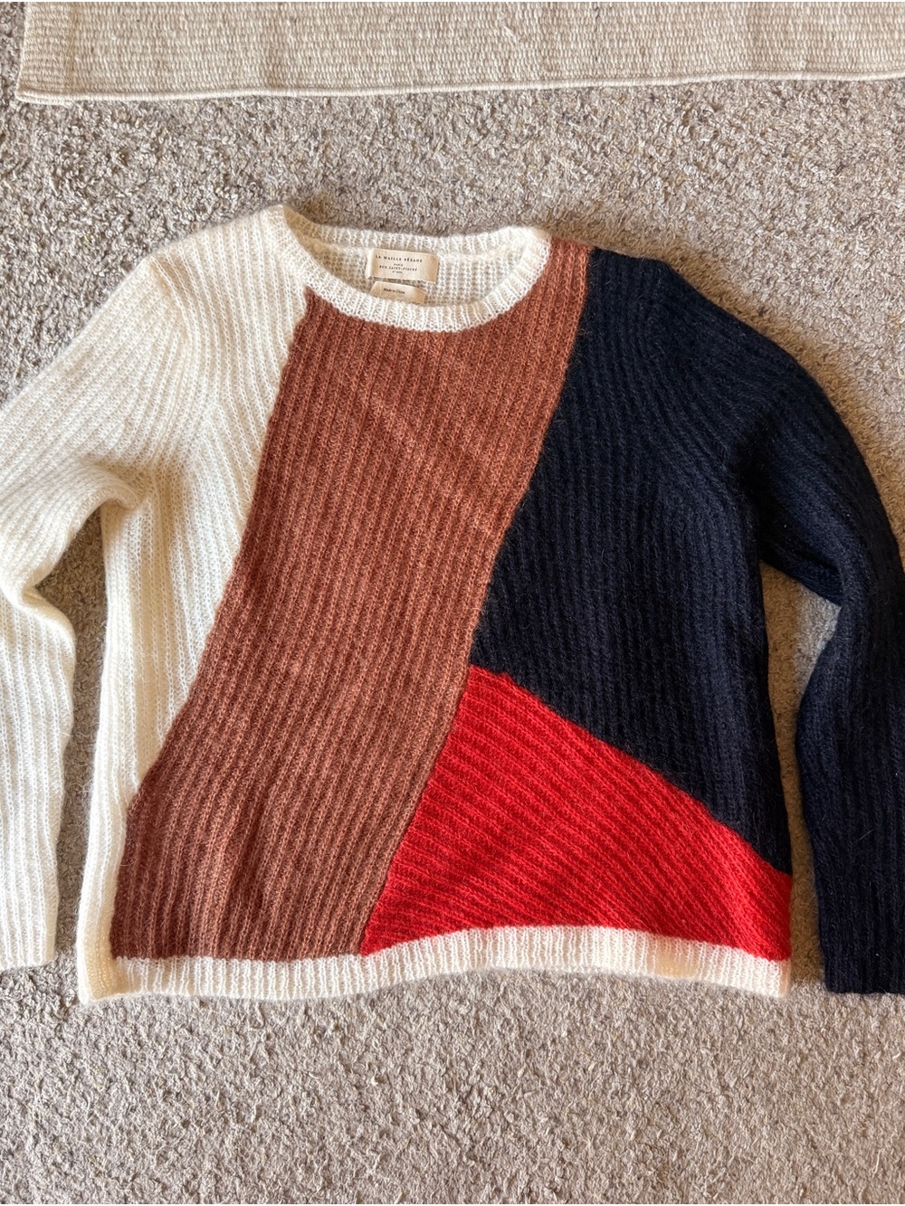 Sezane Colorblock Ribbed Crewneck Sweater — Ivory, Brown, Black & Red